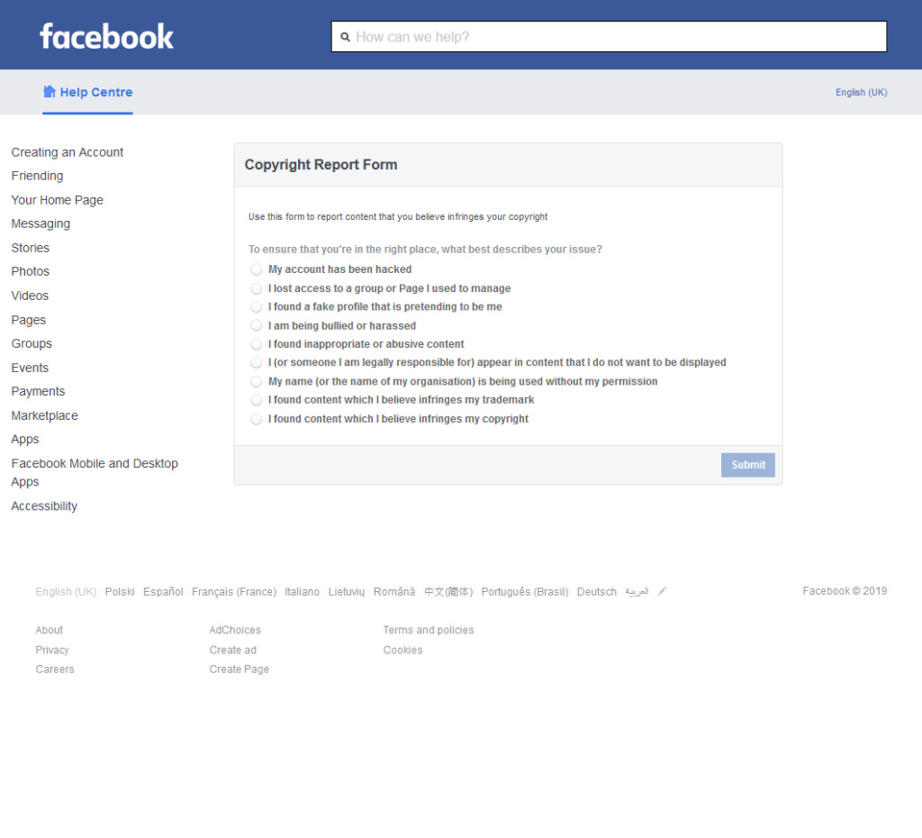 facebook notifier support service reporting
